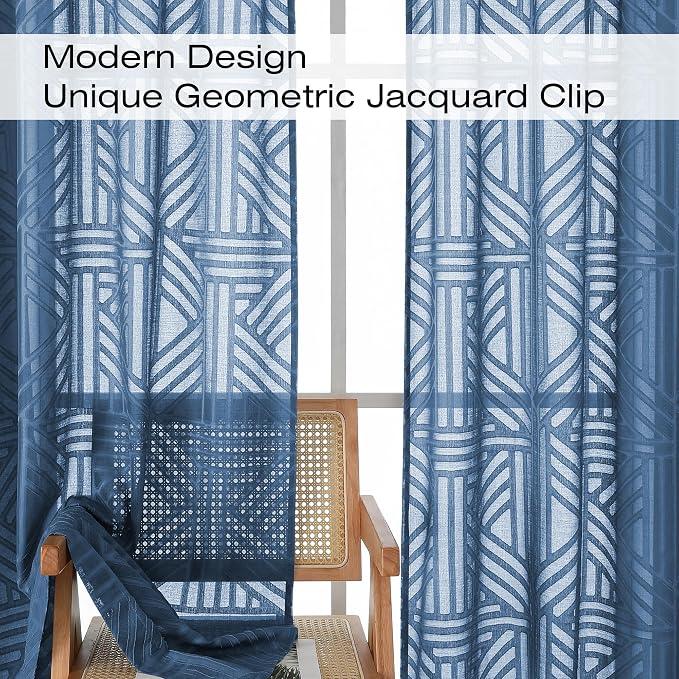 Simplebrand Dusty Blue Semi Sheer Curtains 45 Inch Length 2 Panels, Geometric - Image 3