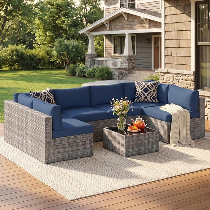 May in Color 7 Pieces Wicker Outdoor Patio Furniture Set, Patio Sectional Sofa by MayinColor