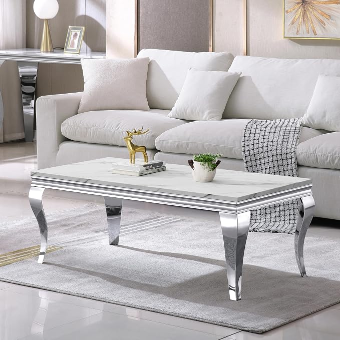 Henf 47" Modern White Faux Marble Coffee Table by Henf