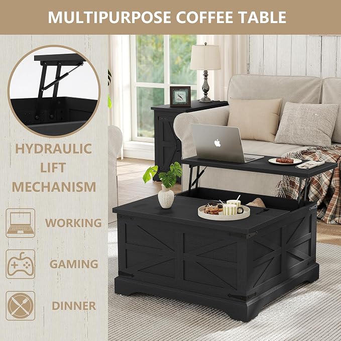 Furnideco Farmhouse Lift Top Coffee Table, Square Wood Center Table - Image 8