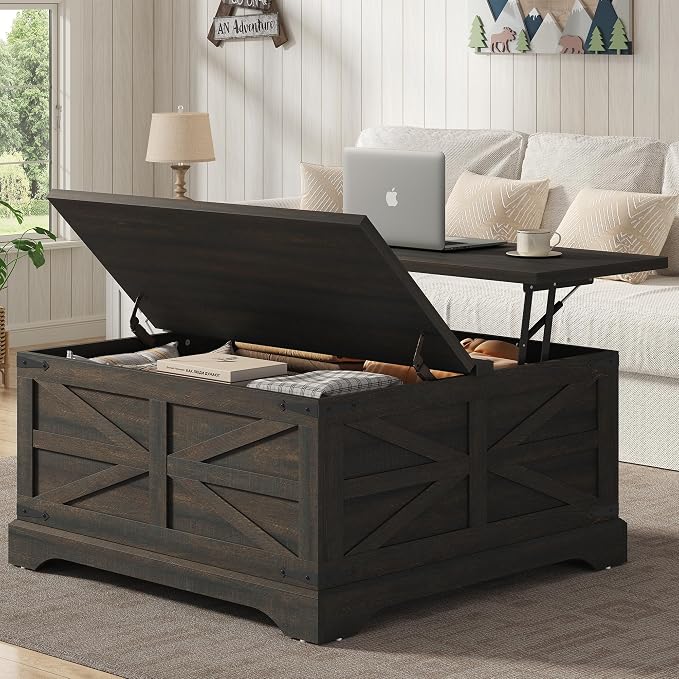 Furnideco 35.5''W Square Coffee Table Farmhouse Lift top Coffee Table - Image 3