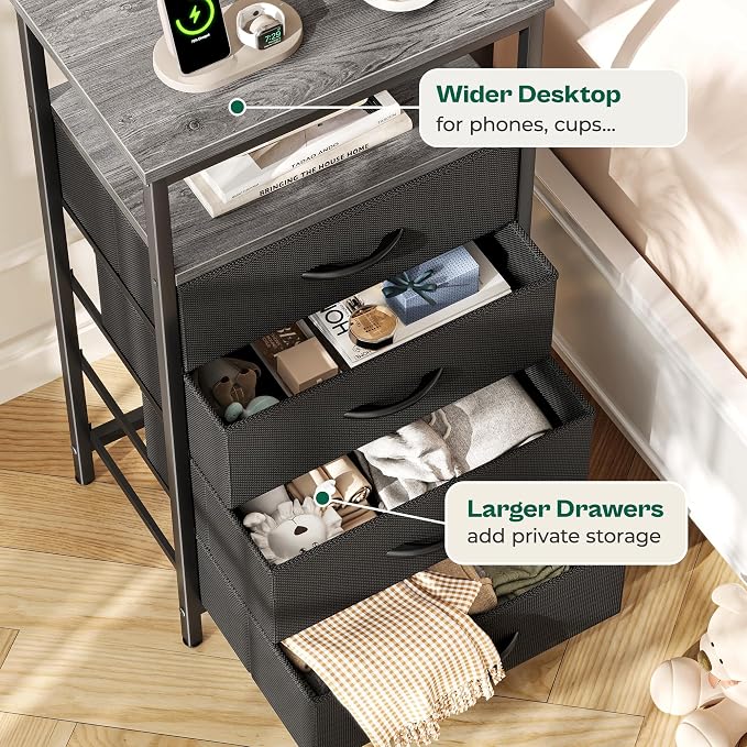 Huuger Night Stand with Charger Station and LED Lights, 4 Drawer Nightstand - Image 7
