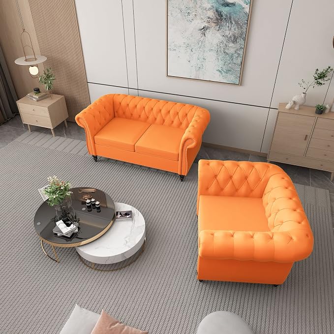ORRD 2 Piece Living Room Set, Velvet Chesterfield Sofa Loveseat Couch Chair - Image 8