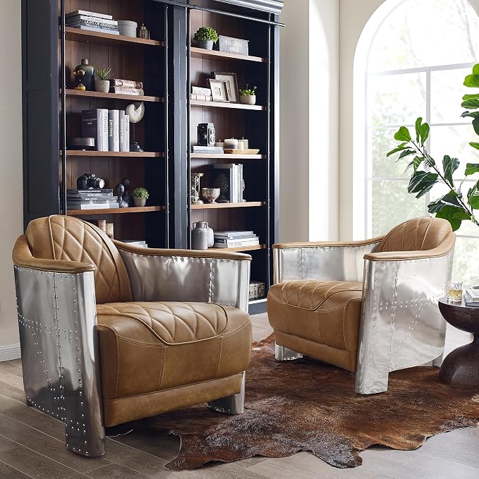 Art Leon Genuine Leather Accent Chair, Mid Century Industrial Armchair - Image 2