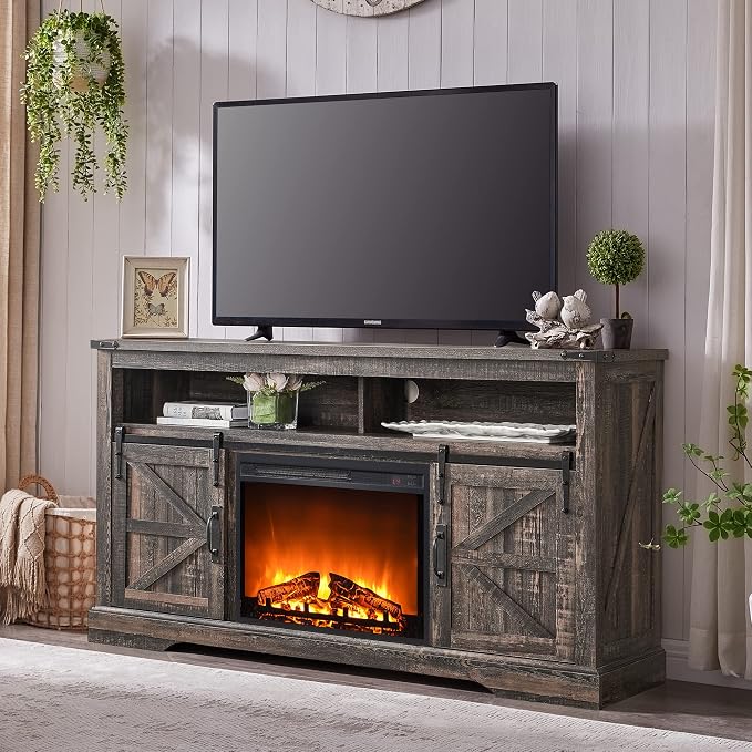 OKD Fireplace TV Stand for 65+ Inch TV, Rustic Media Console w/Sliding Barn by OKD