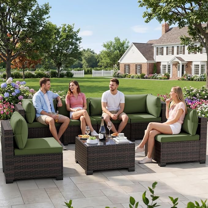 LEVELEVE 7 Pieces Outdoor Patio Furniture Sets, Rattan Conversation Sectional by Enjoyyourlife