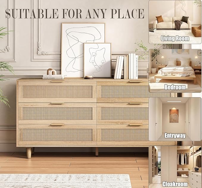 6 Drawer Double Dresser for Bedroom, Natural Rattan Modern Drawer Chest - Image 7