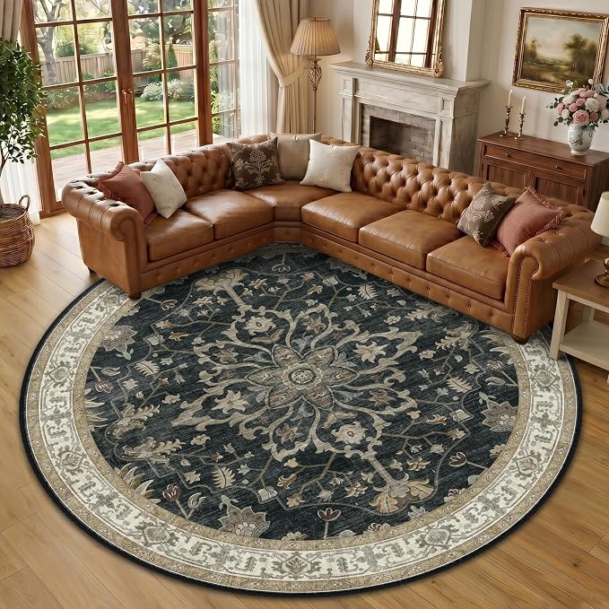 RELEANY Area Rugs Round 10ft Washable Non-Slip, Floral Vintage Distress Print by RELEANY