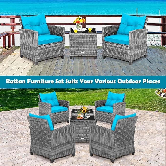 HAPPYGRILL 3 Pieces Patio Conversation Set, Outdoor Furniture Set PE Rattan - Image 3