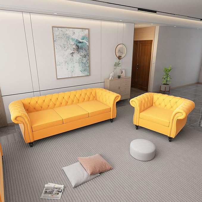 ORRD 2 Piece Living Room Set, Velvet Chesterfield Sofa Couch Chair by ORRD