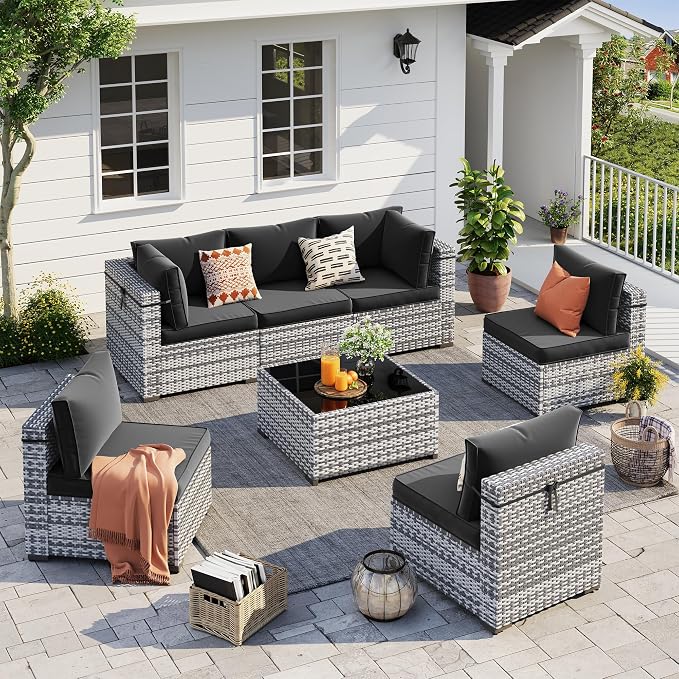 UDPATIO Outdoor Patio Furniture Set, 7 Piece PE Wicker Sectional Sofa by UDPATIO