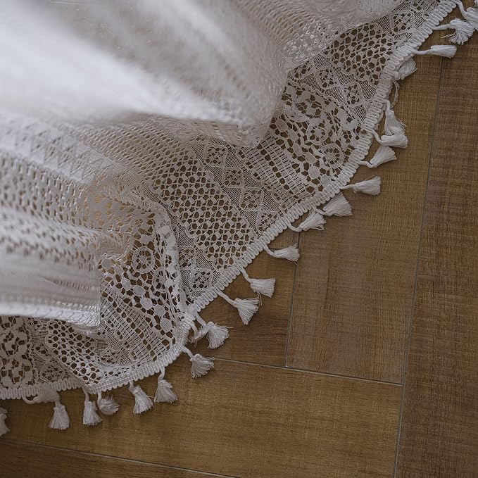 WAZZIO Boho Lace Curtains 84 Inches 2 Panel, Light Filtering Privacy Tassel & - Image 8