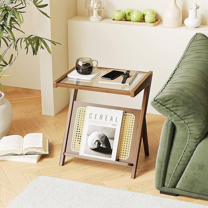Bamworld Rattan Side Table Boho NightStand Mid Century Modern End Table Glass by Bamworld