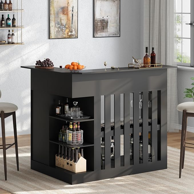 L Shaped Bar Table with LED Light, 4-Tier Corner Wine Bar Cabinet with Stemware - Image 4