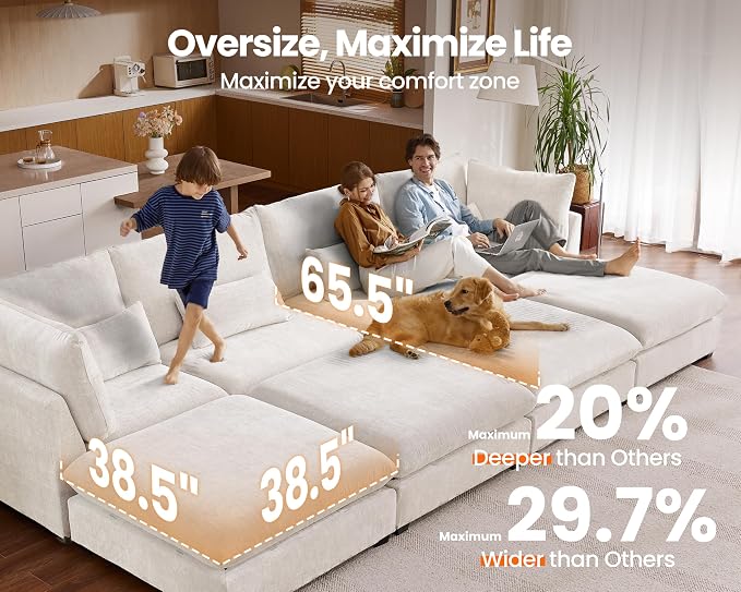 115" Oversized Chenille Couch Modular Sectional Sofa, Washable Cloud Couch - Image 3