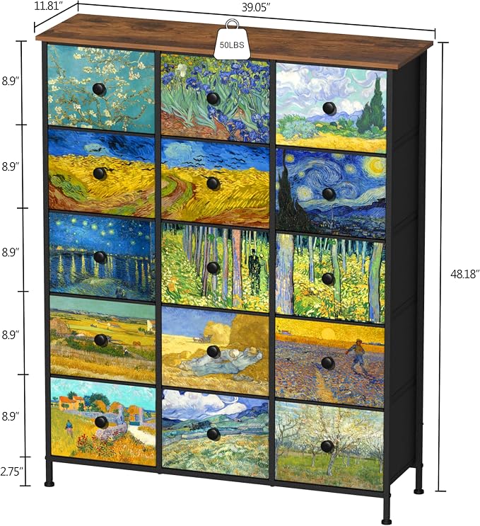 EXOTICA Large Chest of Drawers 15 Drawer Dresser Van Gogh Tall Fabric Dresser - Image 2
