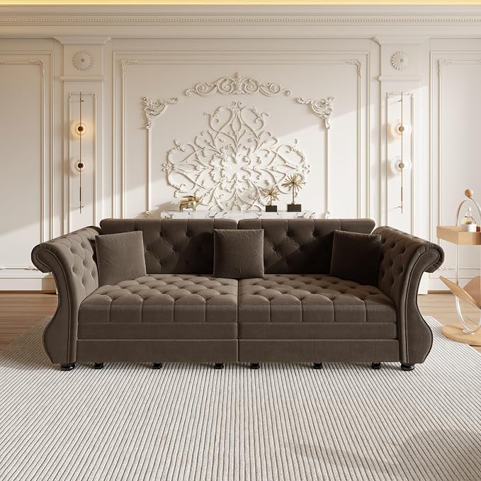 97.6" Oversized Pull Out Sofa Bed, Chesterfield Velvet Sleeper Sofa Couch - Image 7