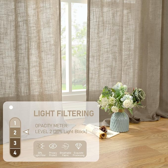 LAMIT Taupe Linen Curtains 54 Inch Length 2 Panels, Light Filtering Panels Back - Image 4