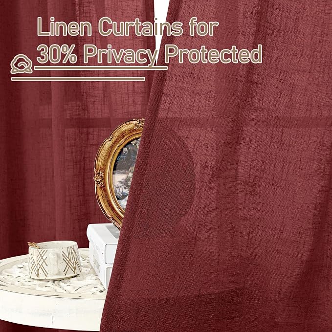 LAMIT Burgundy Red Sheer Linen Curtains 63 Inch Length, Linen Textured Light - Image 6