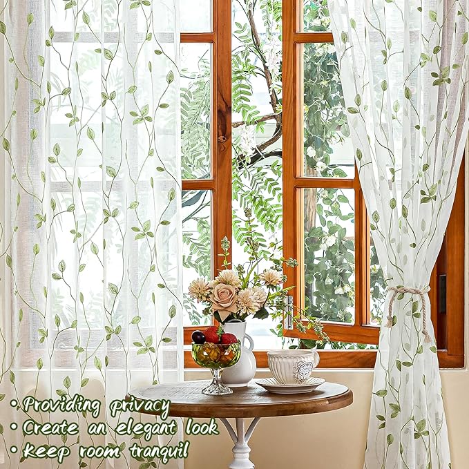 AmHoo 2 Panels Embroidered Leaf Pattern Semi Sheer Curtains Foliage Floral - Image 6