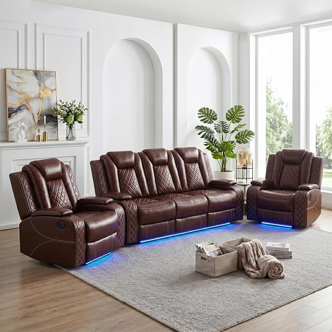 Power Recliner Sofa Set with LED Lights, 2 Manual Recliner 1 Seat and a 3 Seat by Unknown