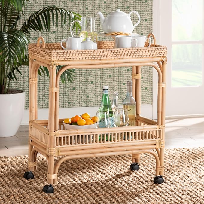 Bali & pari Lombok Modern Bohemian Natural Rattan 2-Tier Wine Cart - Image 8