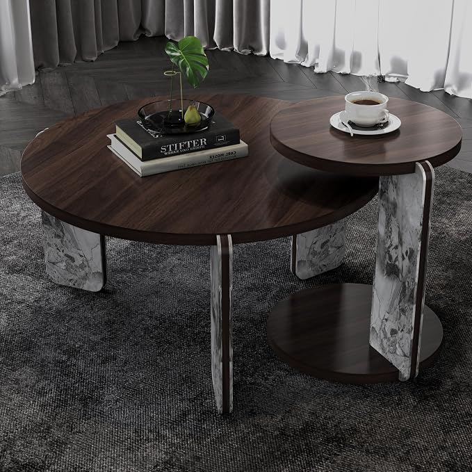 GDFStudio Round Nesting Coffee Table Set of 2, Modern Wooden Accent Side Table by GDFStudio