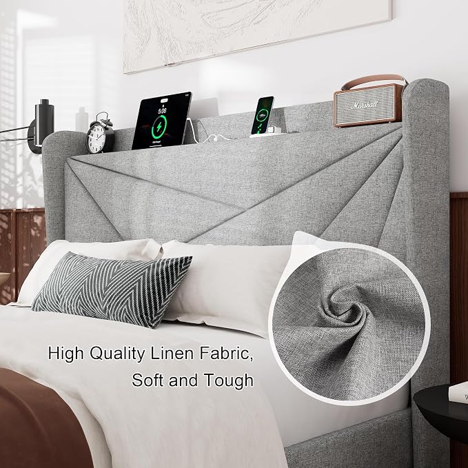 Feonase Queen Bed Frame with Charging Station, Linen Upholstered Platform - Image 5