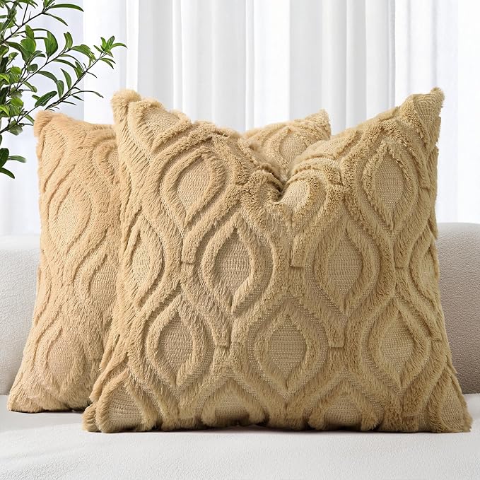 decorUhome Throw Pillow Covers 24x24 Inch Set of 2, Soft Plush Faux Wool Khaki by decorUhome