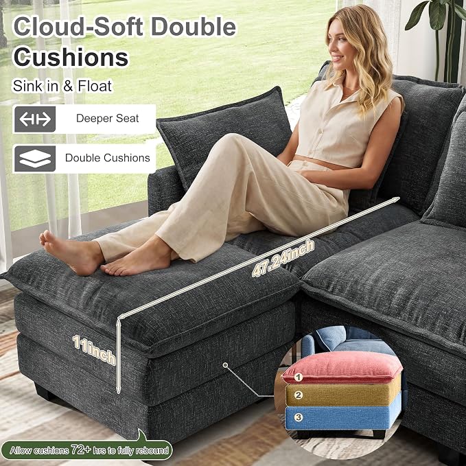 107" Cloud Couch Sectional, U Shaped Modular Sectional Sofa, 4-Seat Deep Seat - Image 4