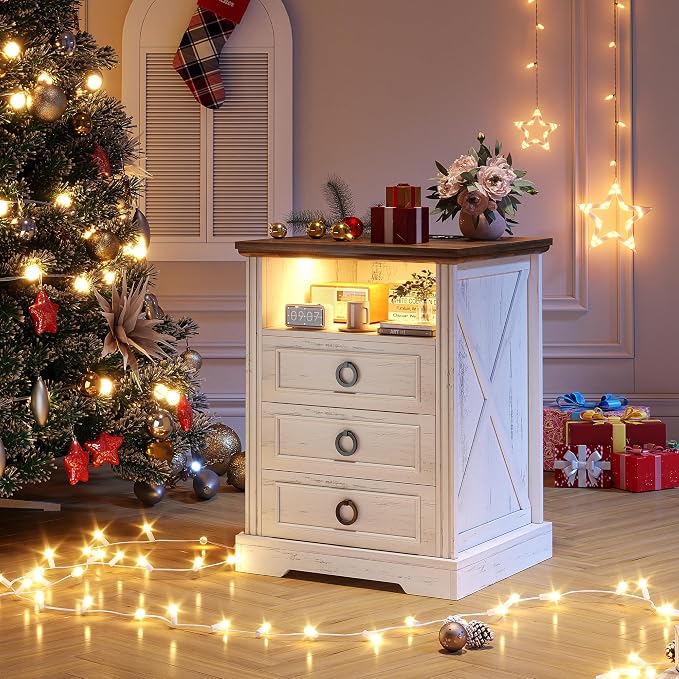 Nightstand with Charging Station, Farmhouse End Side Table with 3 Drawers and by TAGELIER