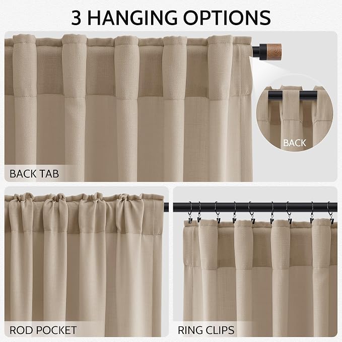 Nanspring Sepia Beige Linen Curtains 84 Inch Length 2 Panels Set - Image 2
