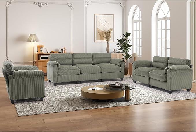 HAOMARKETS Corduroy Sofa Set, Upholstered Armchair, and 3-Seater Couch - Image 3