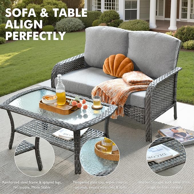 Wicker Patio Furniture Set High Back Loveseat Sofa Couch Armchair Coffee Table - Image 6