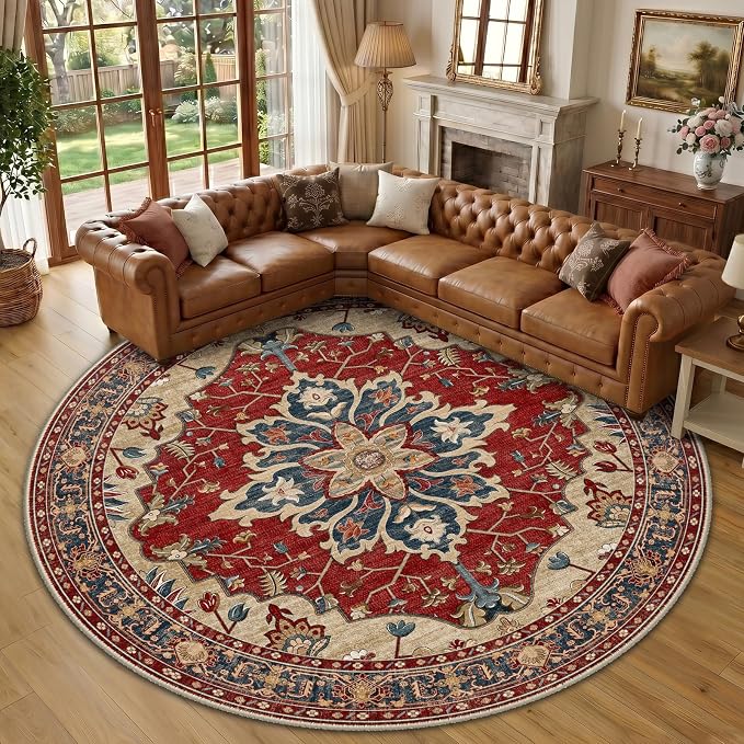 RELEANY Area Rugs Round 10ft Washable Non-Slip, Floral Vintage Distress Print by RELEANY
