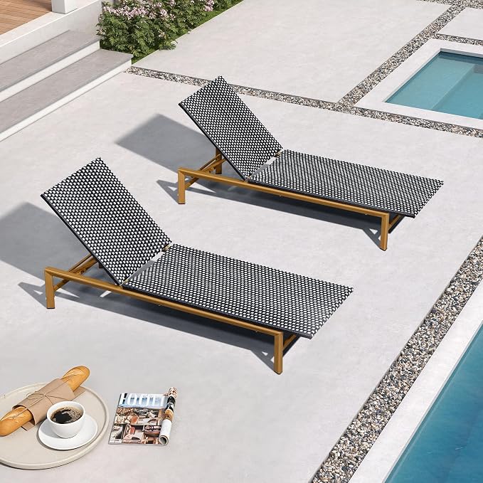 PURPLE LEAF Patio Chaise Lounge French Outdoor Lounger 2 Pieces Wood-Grain by PURPLELEAF