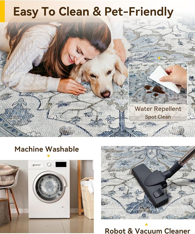 RELEANY Area Rugs Round 10ft Washable Non-Slip, Floral Vintage Distress Print - Image 5