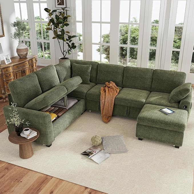 Hanherry Sectional Couch with Pull Out Sofa Bed, Corduroy Sleeper Sofa with - Image 8