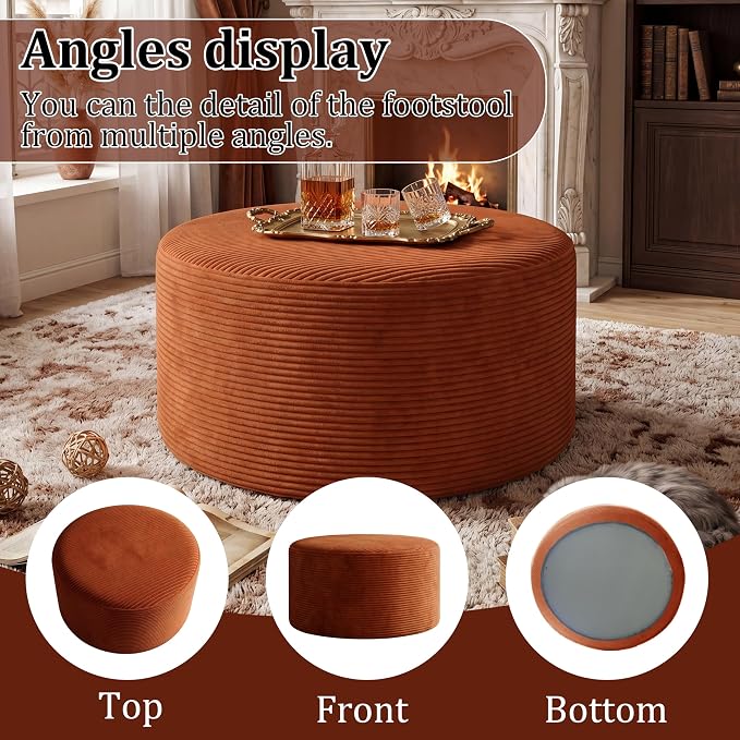 BSHOMGI Round Ottoman, Corduroy Ottomans Foot Stool, 27.5" Pouf Footstool - Image 7