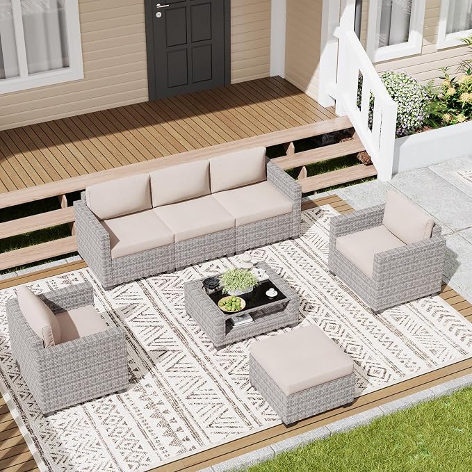 LOUVIXA 7 Piece Outdoor Patio Furniture Set, Rattan Chairs Glass Table Wicker - Image 3