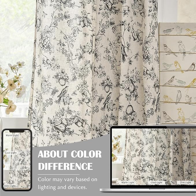 jinchan Linen Floral Curtains for Living Room 96 Inch Length Black Printed - Image 5
