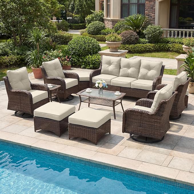 Patio Furniture Set, High Back Rattan Sofa & Swivel Rocker Chairs, Weather by SAILARYPatioFurniture