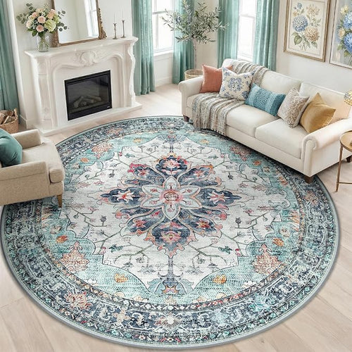 Area Rugs 8ft Washable Non-Slip, Floral Vintage Distress Print Pattern by RELEANY
