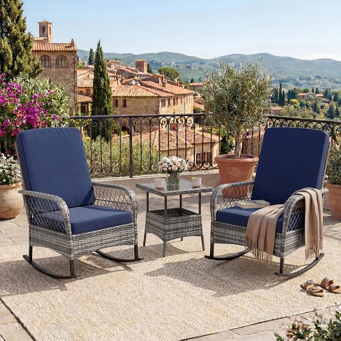 GarveeHome 3-Piece Outdoor Rocking Chair Set, Wicker Rattan Patio Furniture by GarveeHome