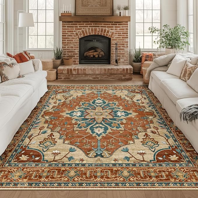 RELEANY Area Rugs Square 8ft Washable Non-Slip, Floral Vintage Distress Print by RELEANY