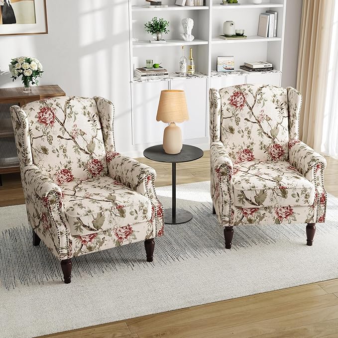 Pia Ricco Set of 2 Floral Accent Chairs, High Back Upholstered Armchairs - Image 8