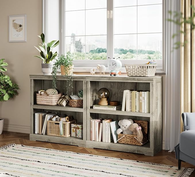 LINSY HOME 2-Tier Bookcase and Bookshelf, Small Wood Display Storage Shelves - Image 2