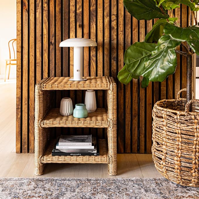 JONATHAN Y Praerie Natural Woven Rattan and Mango Wood 3-Tier End Table - Image 2