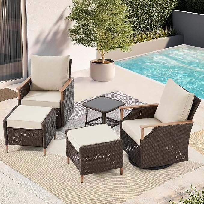 MELLCOM Patio Swivel Glider Rocker Chairs Set Wicker 5 Piece Patio Furniture by MELLCOM