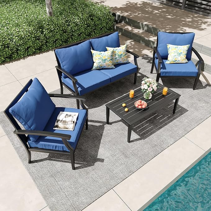 4 Piece Outdoor Patio Furniture Set, Oversized Metal Conversation Set by Unknown